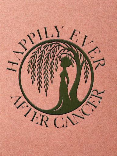 A decorative design featuring the text 'Happily Ever After Cancer' encircling a silhouette of a woman standing beside a willow tree.
